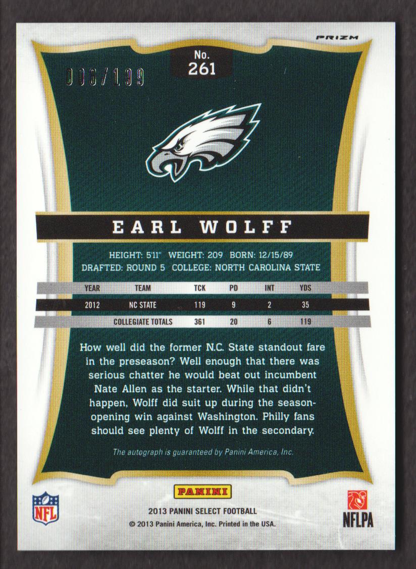 2013 Select Rookie Autographs Prizm #261 Earl Wolff/199 back image