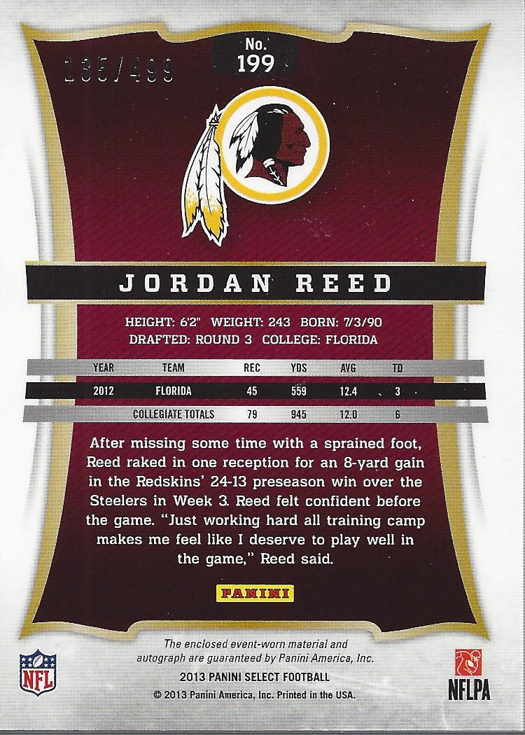 2013 Select Rookie Jersey Autographs #199 Jordan Reed/499 back image