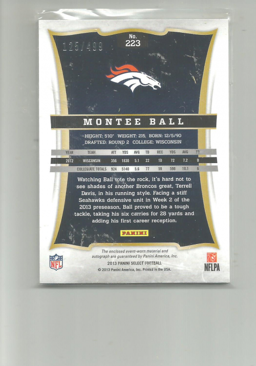 2013 Select Rookie Jersey Autographs #223 Montee Ball/499 back image