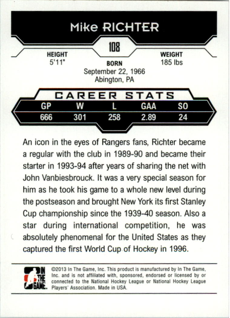 2013-14 ITG Decades 1990s Gold #108 Mike Richter back image