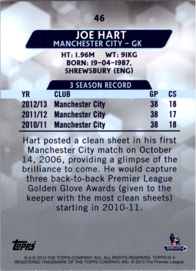 2013-14 Topps English Premier League Gold #46 Joe Hart back image