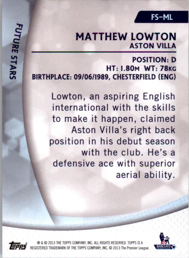 2013-14 Topps English Premier League Gold Future Stars #FSML Matthew Lowton back image