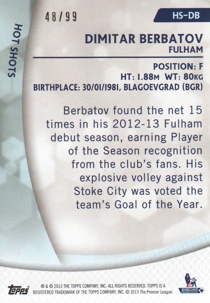 2013-14 Topps English Premier League Gold Hot Shots Green #HSDB Dimitar Berbatov back image