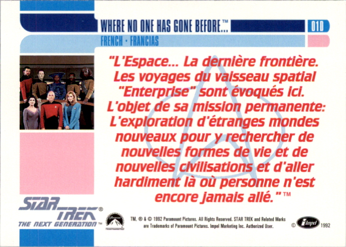 1992 SkyBox Star Trek The Next Generation #1E Where No One Has... - French back image
