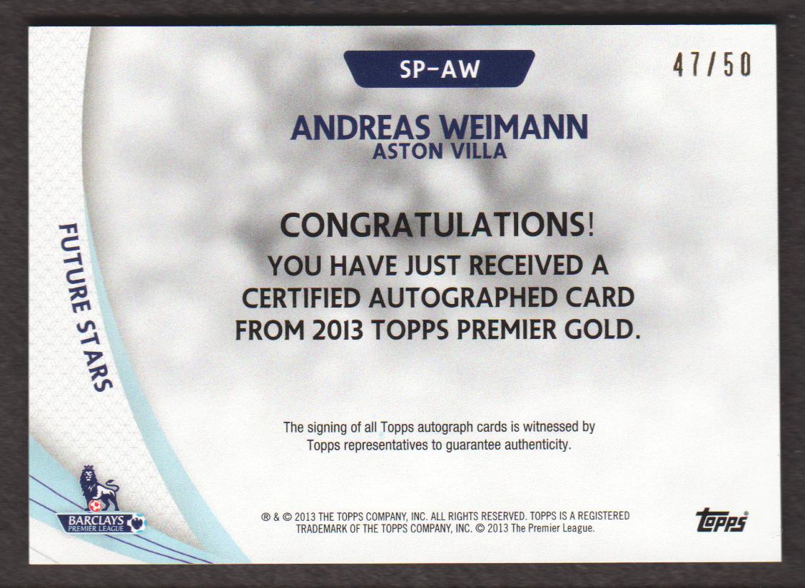 2013-14 Topps English Premier League Gold Star Players Autographs Gold #SPAW Andreas Weimann back image