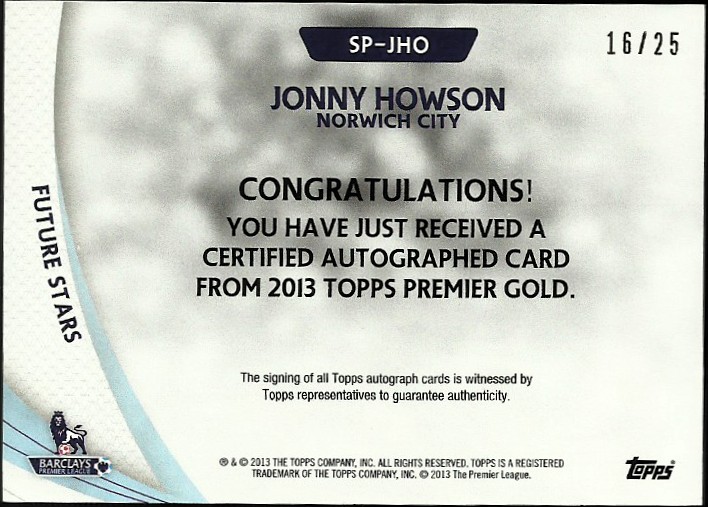 2013-14 Topps English Premier League Gold Star Players Autographs Orange #SPJHO Jonny Howson back image
