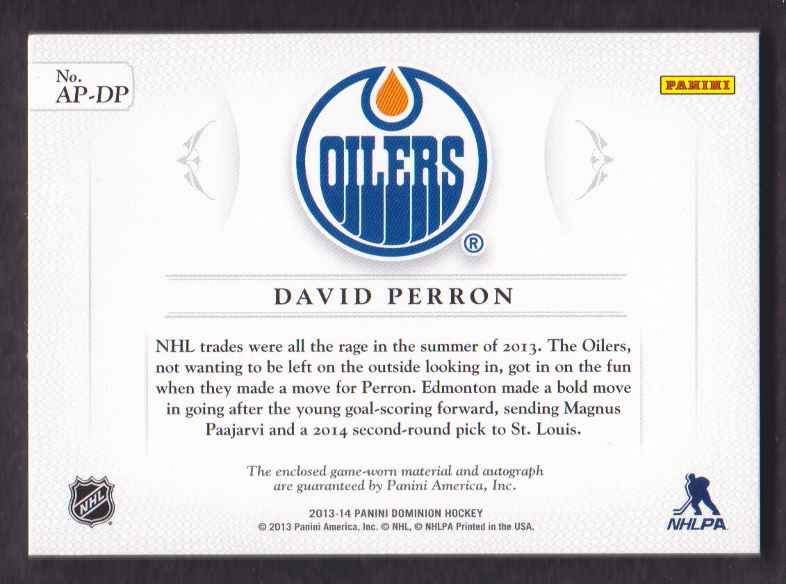 2013-14 Dominion Patches Autographs #APDP David Perron/99 EXCH back image