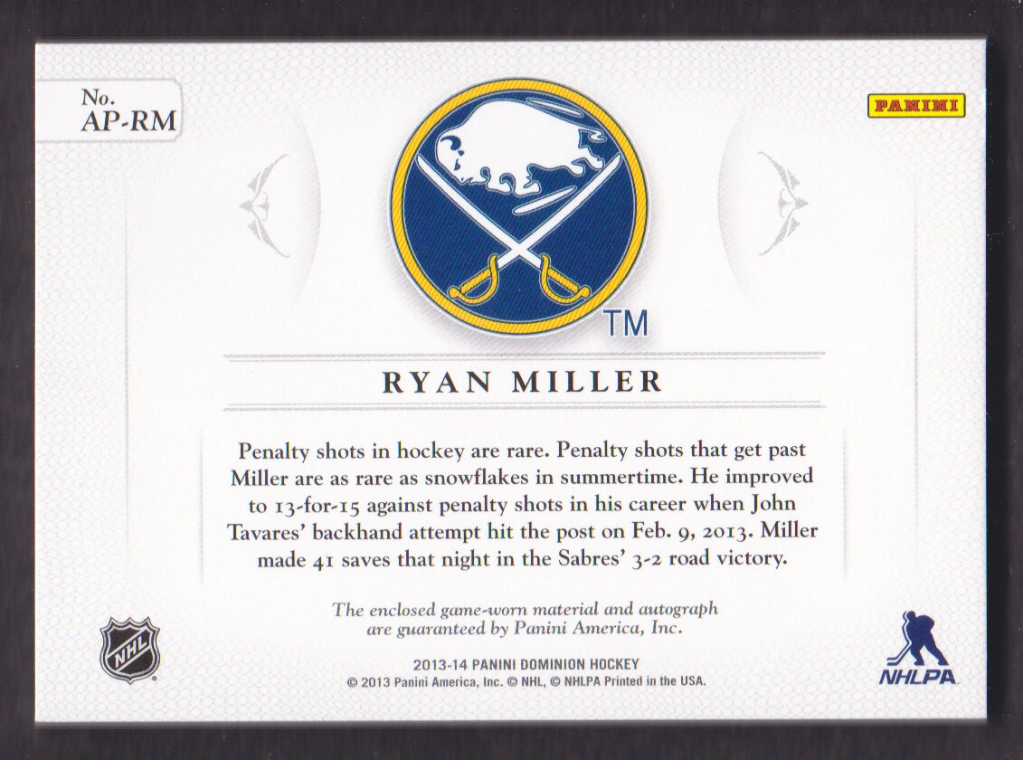2013-14 Dominion Patches Autographs #APRM Ryan Miller/99 back image