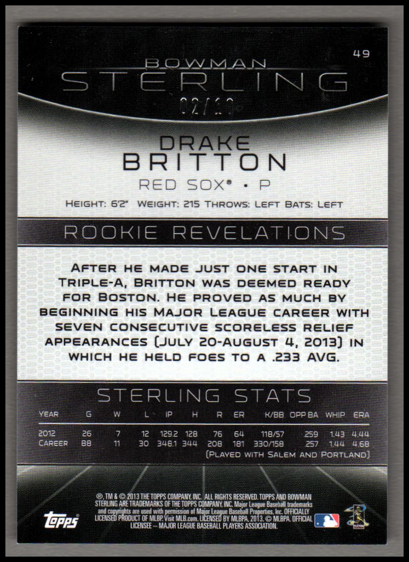 2013 Bowman Sterling Purple Refractors #49 Drake Britton back image