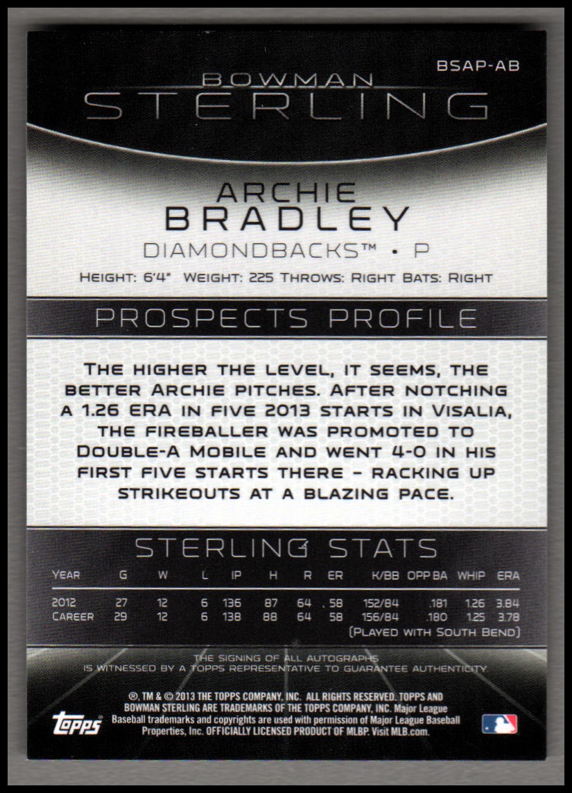 2013 Bowman Sterling Prospect Autographs #AB Archie Bradley back image
