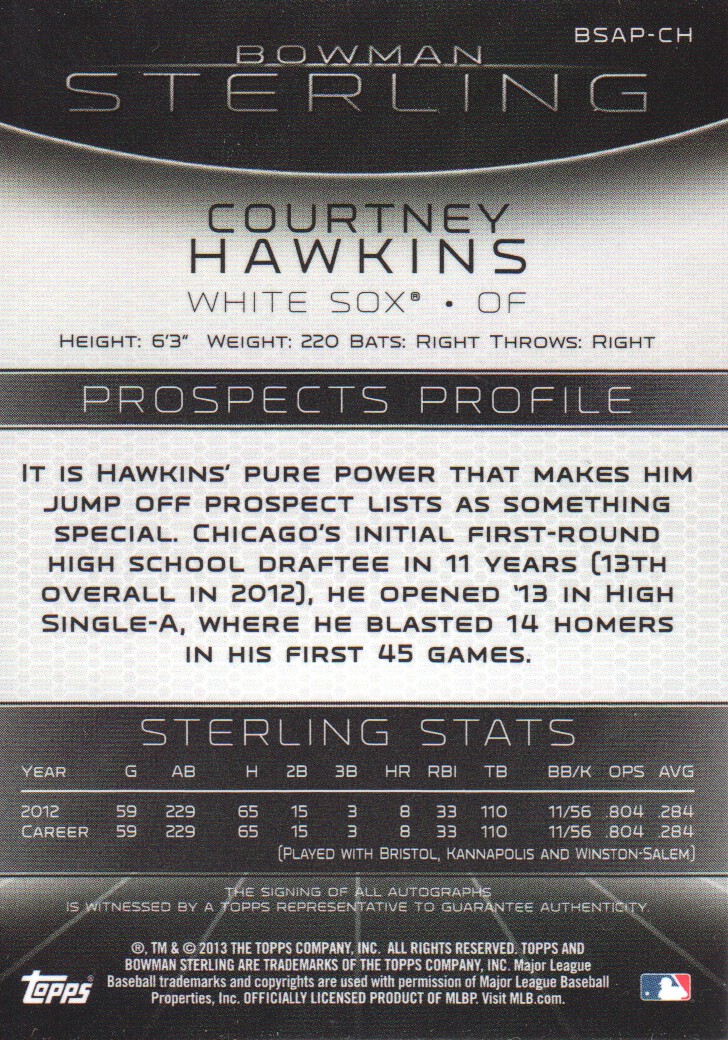 2013 Bowman Sterling Prospect Autographs #CH Courtney Hawkins back image