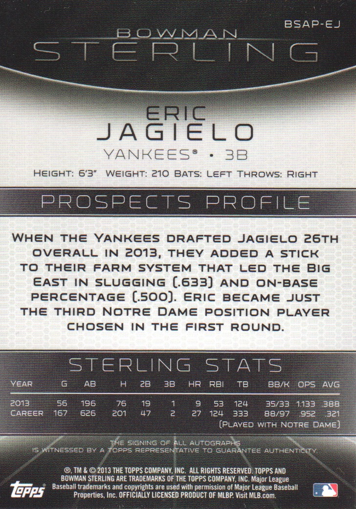 2013 Bowman Sterling Prospect Autographs #EJ Eric Jagielo back image