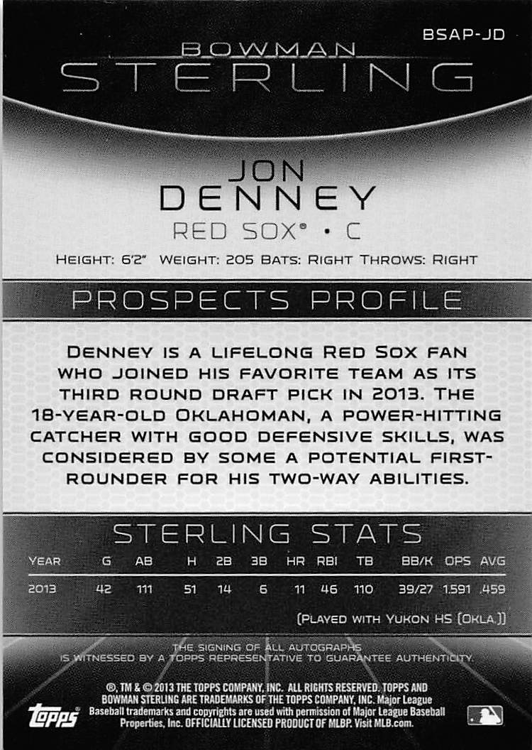 2013 Bowman Sterling Prospect Autographs #JD Jon Denney back image