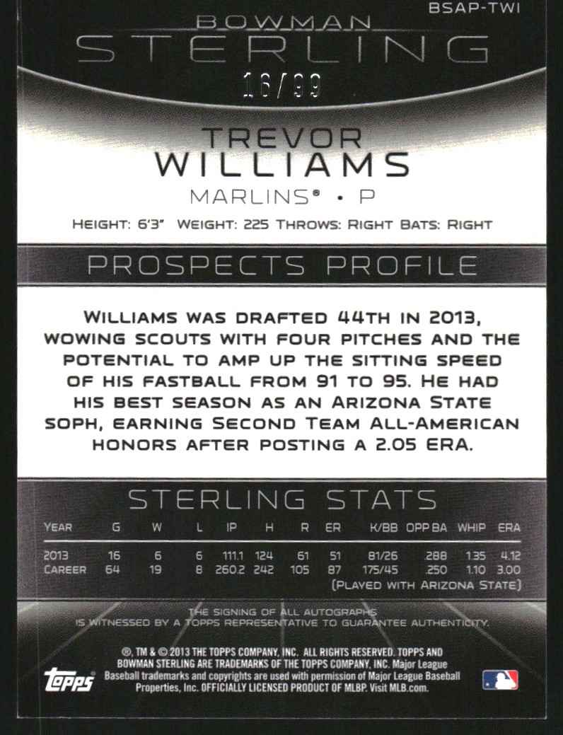 2013 Bowman Sterling Prospect Autographs Ruby Refractors #TWI Trevor Williams back image