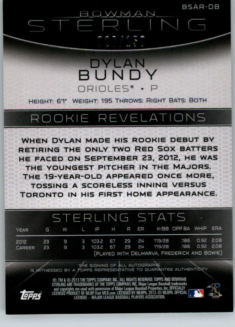 2013 Bowman Sterling Rookie Autographs Refractors #DB Dylan Bundy back image