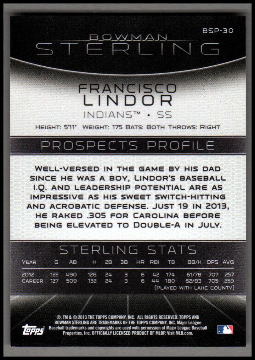 2013 Bowman Sterling Prospects #30 Francisco Lindor back image