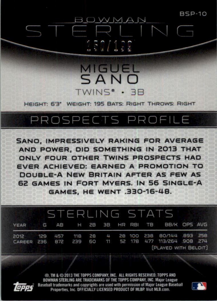 2013 Bowman Sterling Prospects Refractors #10 Miguel Sano back image