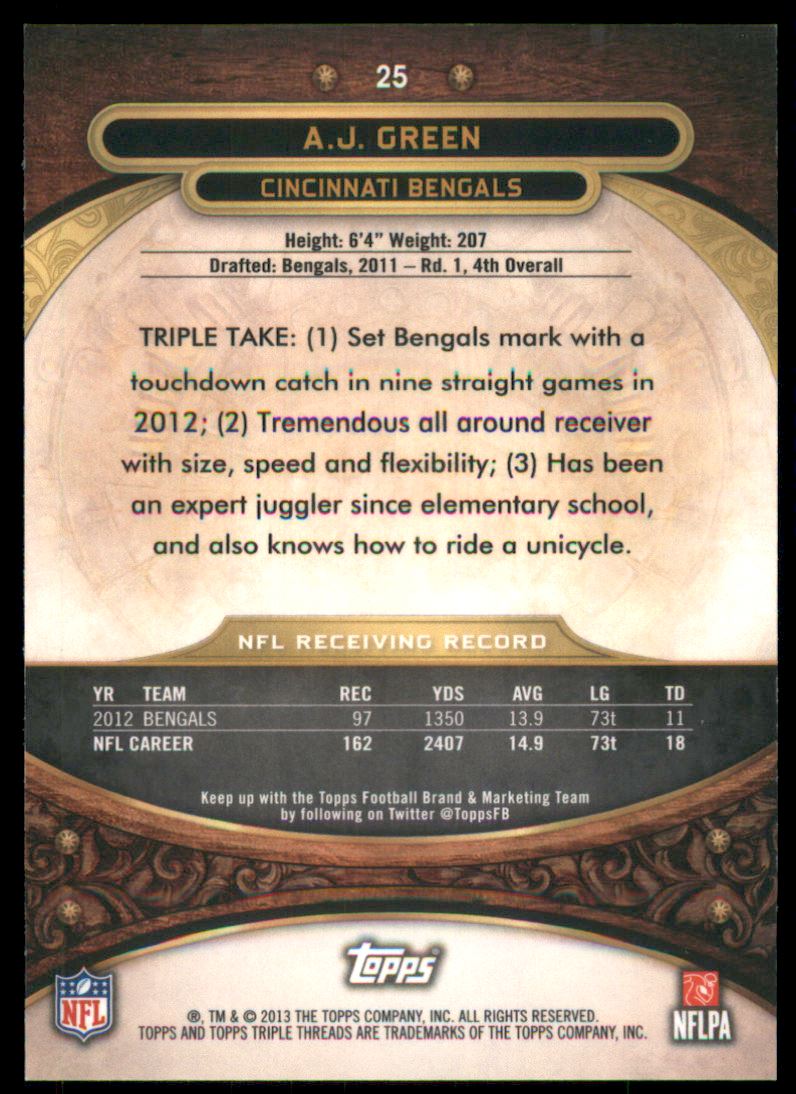 2013 Topps Triple Threads Ruby #25 A.J. Green back image