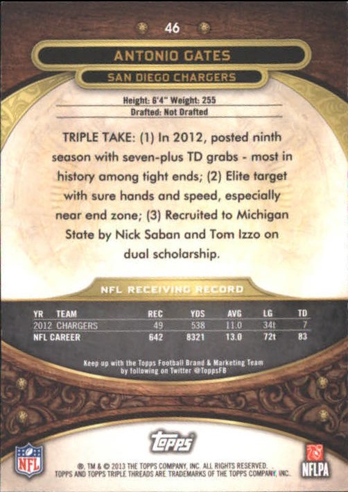 2013 Topps Triple Threads Ruby #46 Antonio Gates back image
