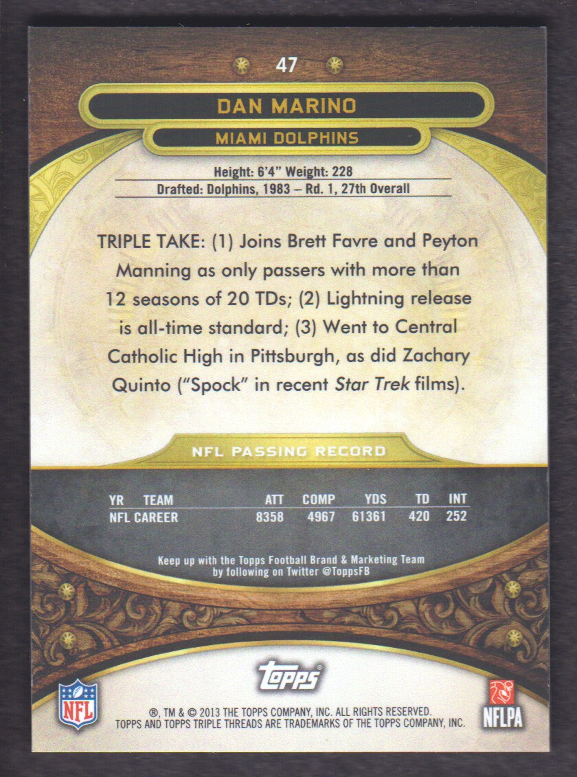 2013 Topps Triple Threads Ruby #47 Dan Marino back image