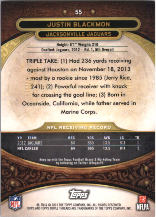 2013 Topps Triple Threads Ruby #55 Justin Blackmon back image