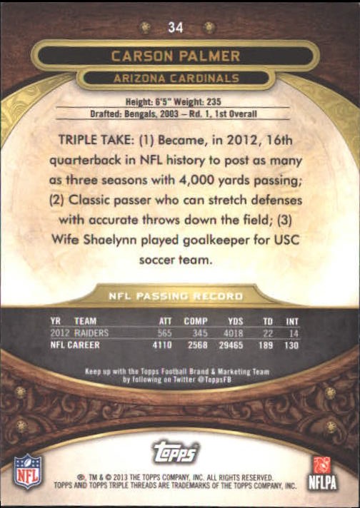2013 Topps Triple Threads Sapphire #34 Carson Palmer back image