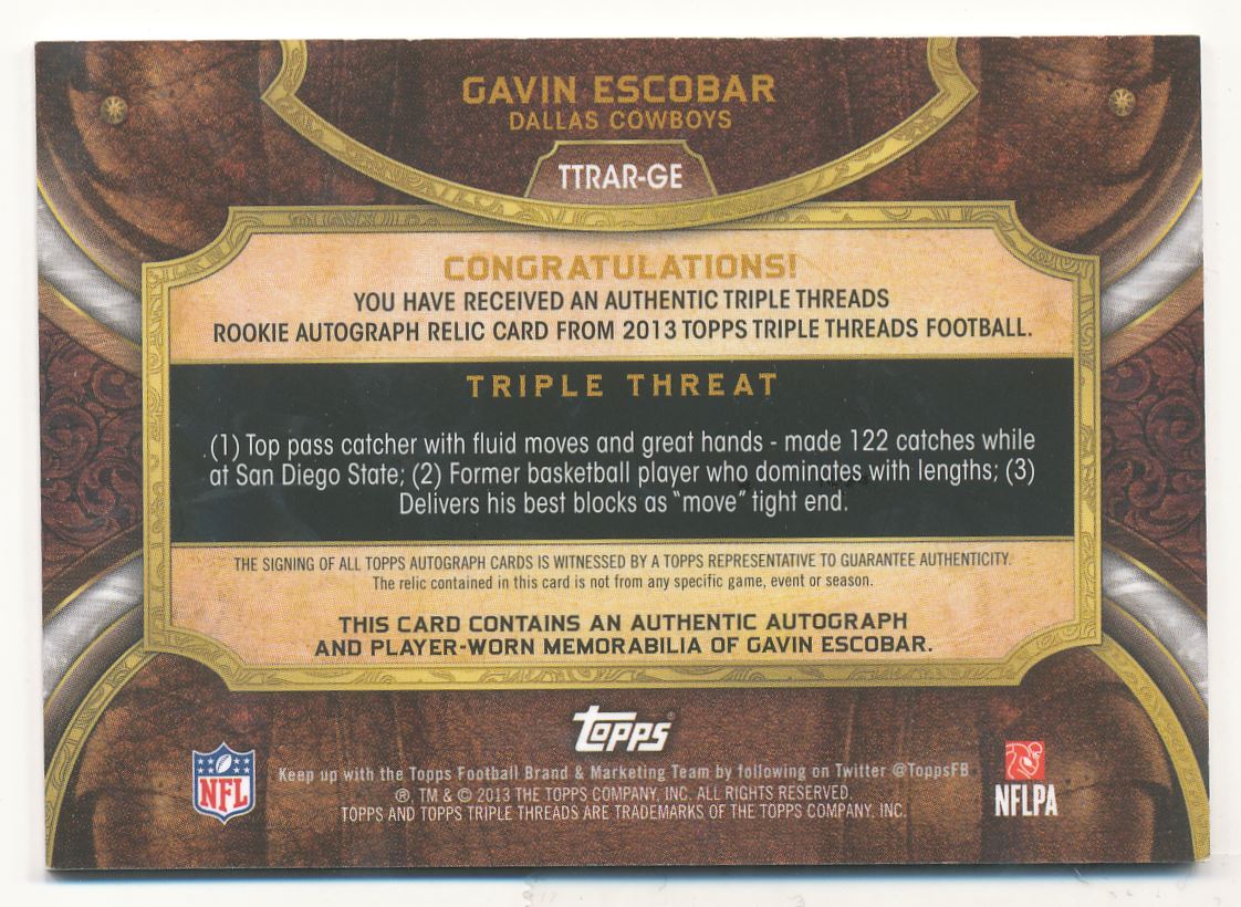 2013 Topps Triple Threads Rookie Autograph Relics Emerald #TTRARGE Gavin Escobar back image