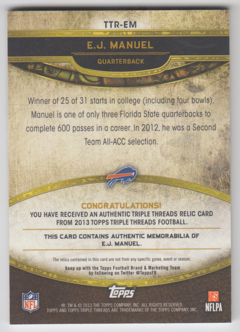 2013 Topps Triple Threads Relics #TTREM EJ Manuel back image