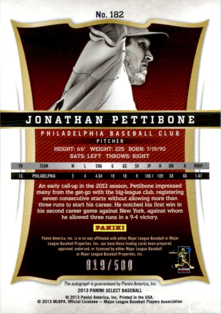 2013 Select #182 Jonathan Pettibone AU/500 RC back image