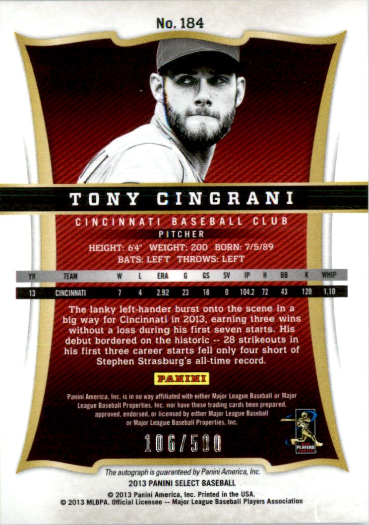 2013 Select #184 Tony Cingrani AU/500 RC back image