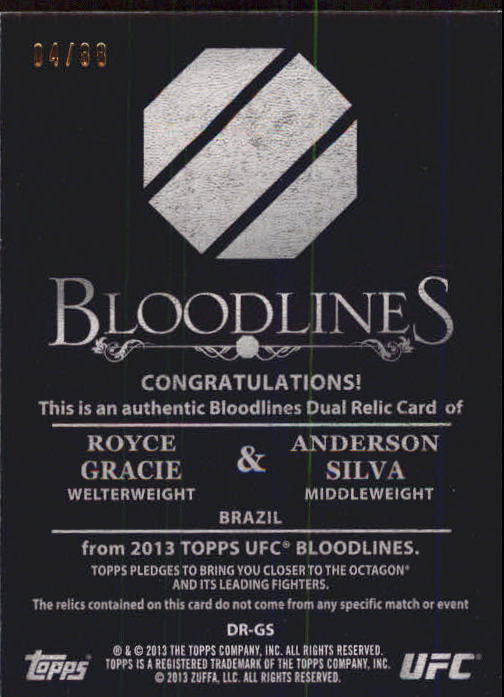 2013 Topps UFC Bloodlines Dual Fighter Relics #DRGS Royce Gracie/ Anderson Silva back image