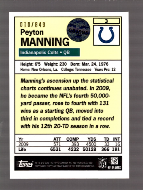 2010 eTopps 1956 Tribute #3 Peyton Manning/849 back image