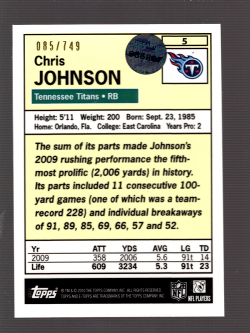 2010 eTopps 1956 Tribute #5 Chris Johnson/749 back image