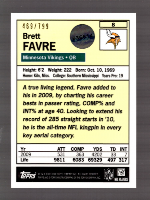 2010 eTopps 1956 Tribute #8 Brett Favre/799 back image