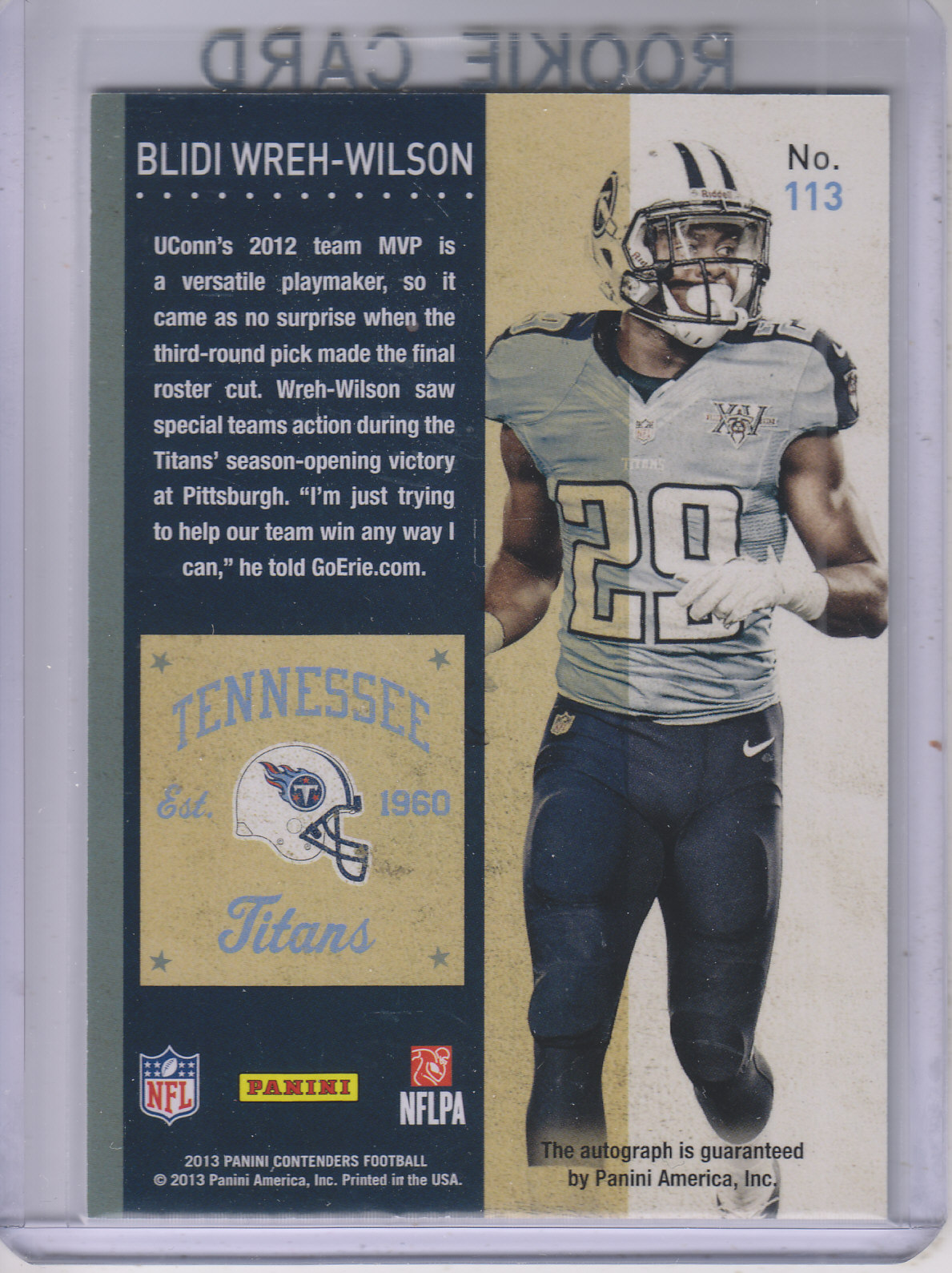 2013 Panini Contenders #113A Blidi Wreh-Wilson AU RC/(hands by hip) back image