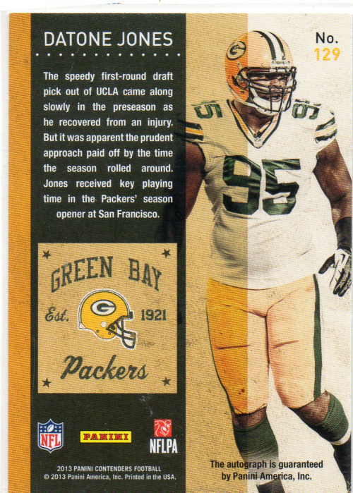 2013 Panini Contenders #129A Datone Jones AU RC/(hands down by side) back image