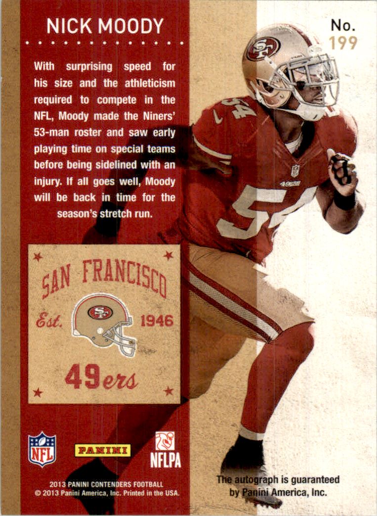 2013 Panini Contenders Playoff Ticket #199A Nick Moody AU back image