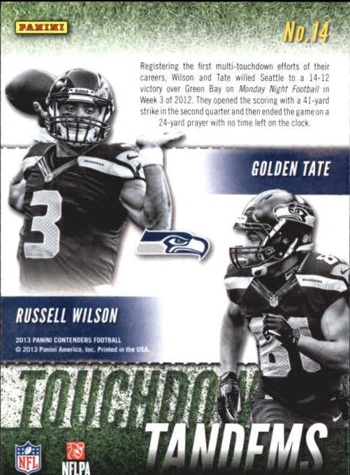 2013 Panini Contenders Touchdown Tandems Gold #14 Golden Tate/Russell Wilson back image