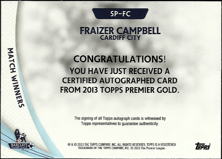 2013-14 Topps English Premier League Gold Star Players Autographs #SPFC Fraizer Campbell back image