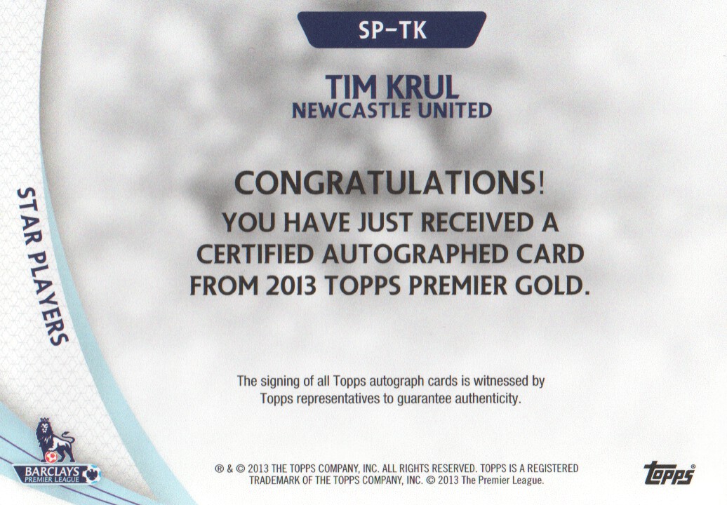 2013-14 Topps English Premier League Gold Star Players Autographs #SPTK Tim Krul back image