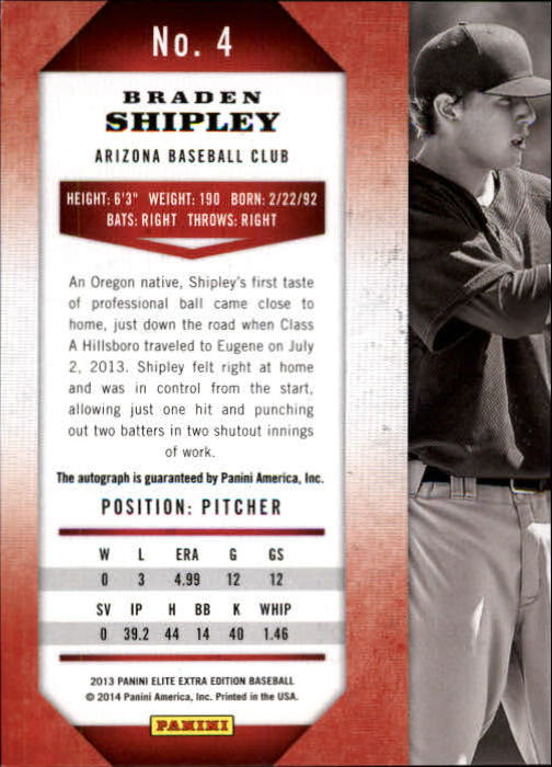 2013 Elite Extra Edition Franchise Futures Signatures #4 Braden Shipley/404 back image