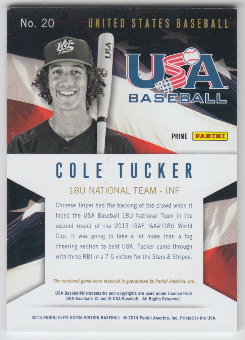 2013 Elite Extra Edition USA Baseball 18U Game Jerseys Prime #20 Cole Tucker back image