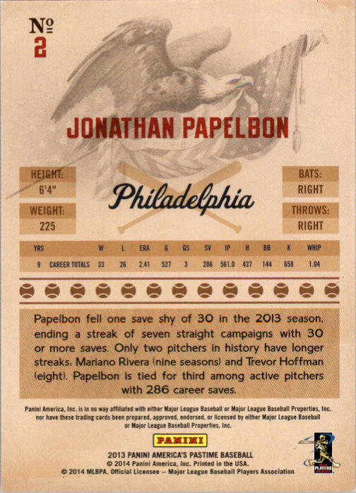 2013 Panini America's Pastime #2 Jonathan Papelbon back image