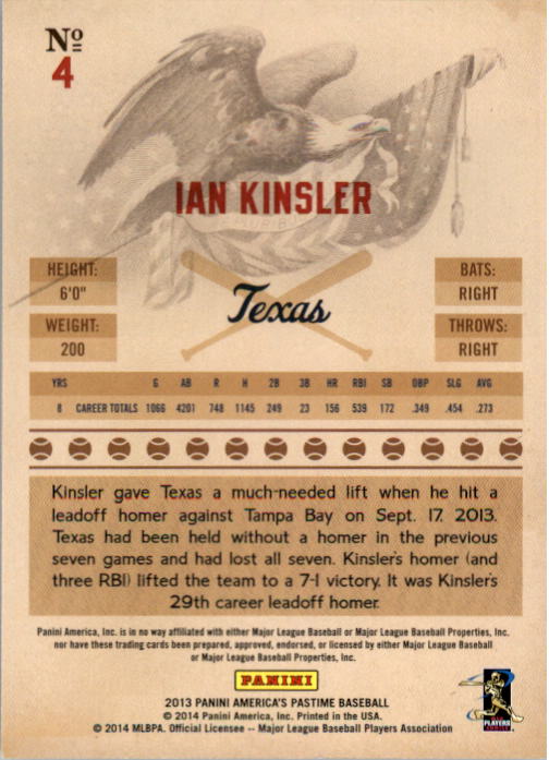2013 Panini America's Pastime #4 Ian Kinsler back image