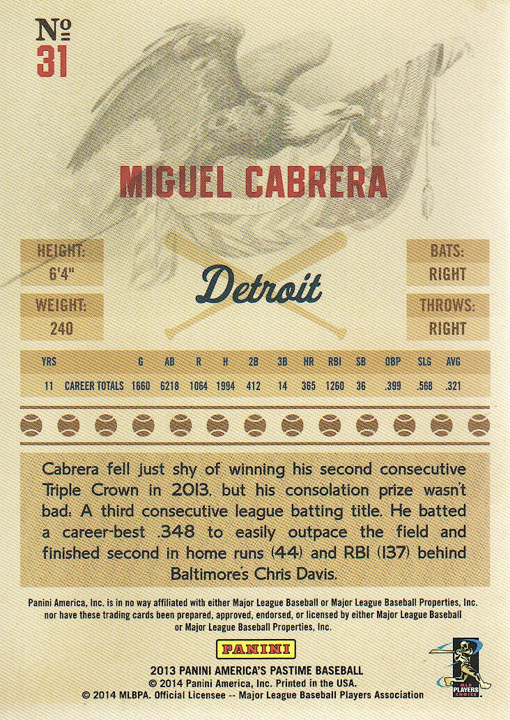 2013 Panini America's Pastime #31 Miguel Cabrera back image