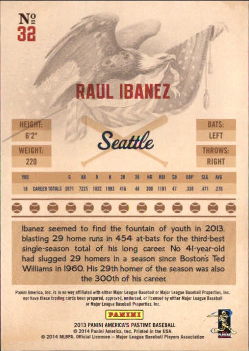 2013 Panini America's Pastime #32 Raul Ibanez back image