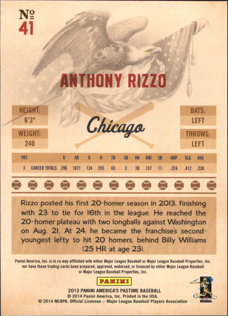 2013 Panini America's Pastime #41 Anthony Rizzo back image