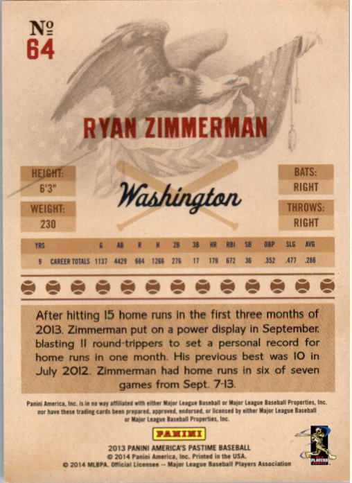 2013 Panini America's Pastime #64 Ryan Zimmerman back image