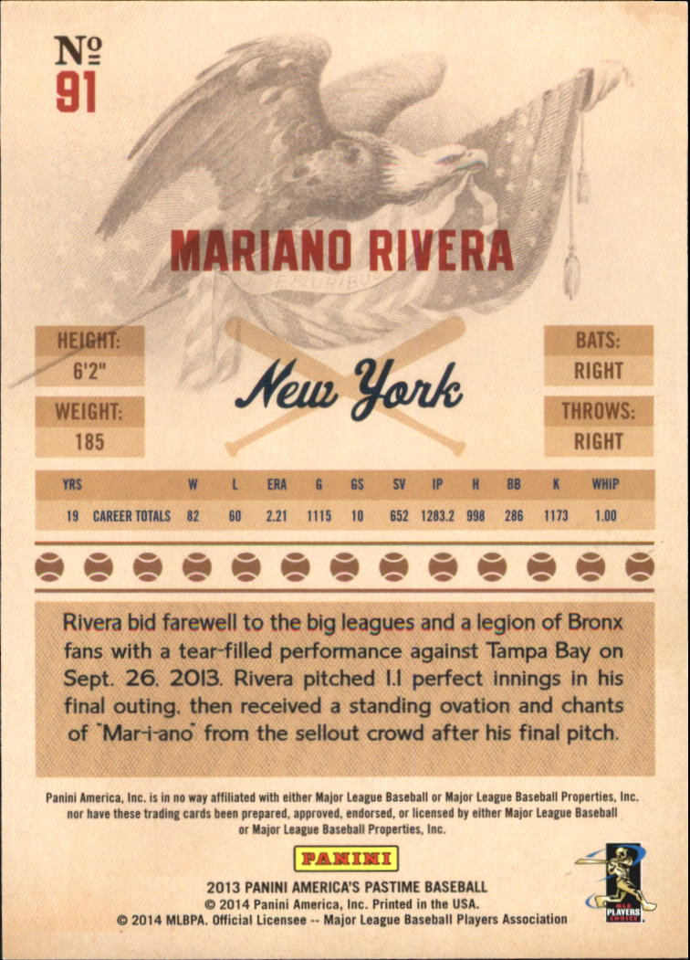 2013 Panini America's Pastime #91 Mariano Rivera back image