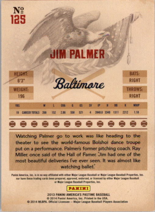 2013 Panini America's Pastime #125 Jim Palmer back image